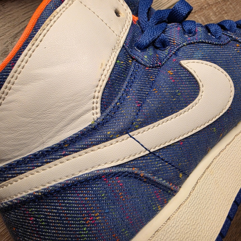 Jordan 1 Retro High GS 6.5Y Blue Denim Paint Splatter Orange 332148-411 Rare Y2K